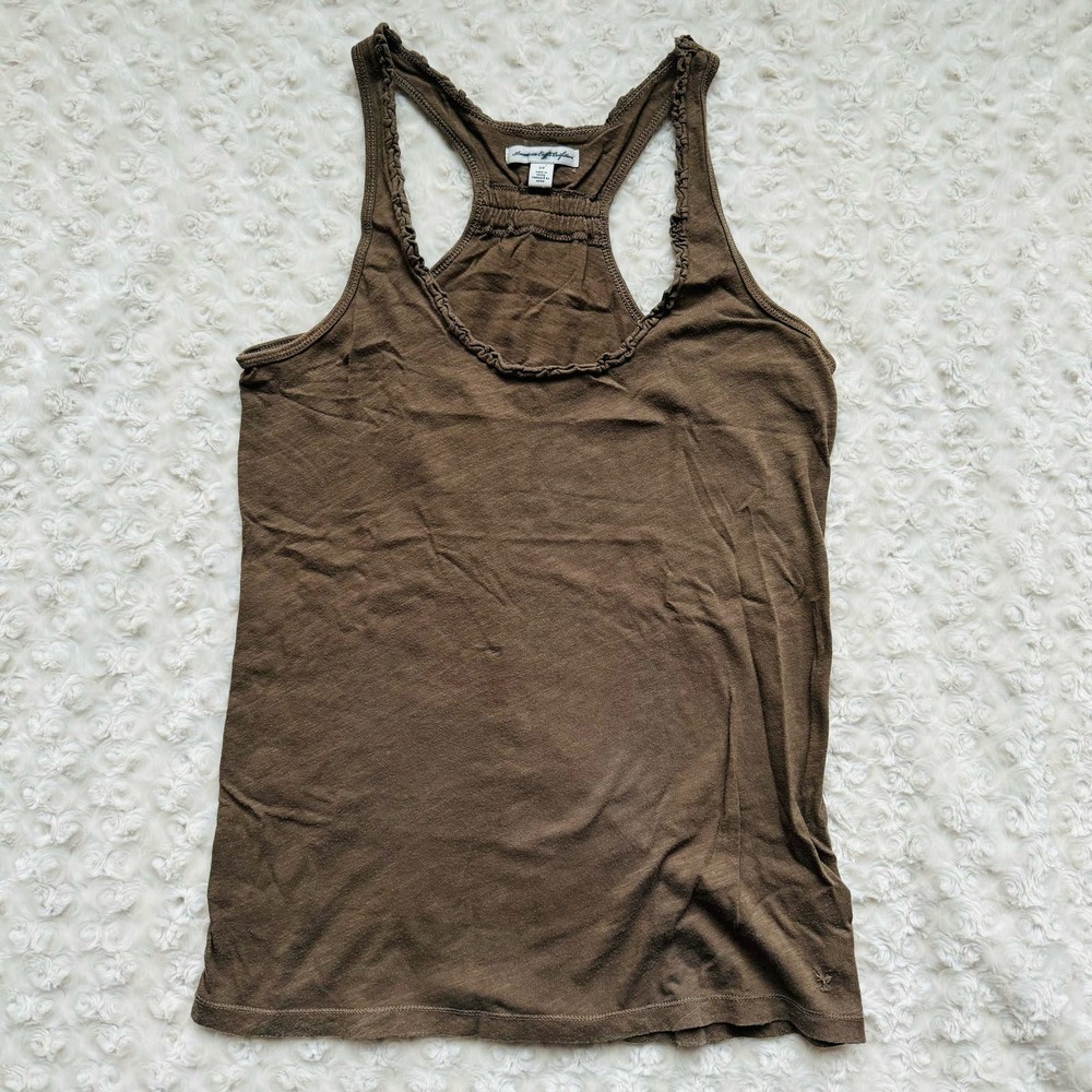 American Eagle Outfitters Brown Ruffled Trim Cotton Racerback Shirred Tank Top S